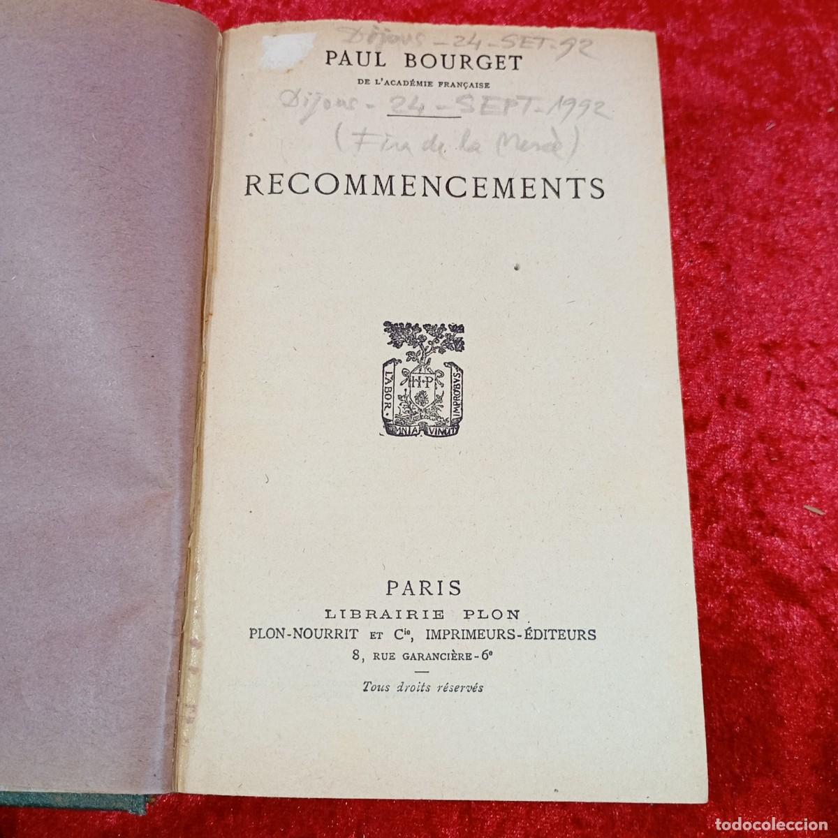 Libros de segunda mano: RECOMMENCEMENTS - PAUL BOURGET - LIBRAIRIE PLON / 481 - Foto 1