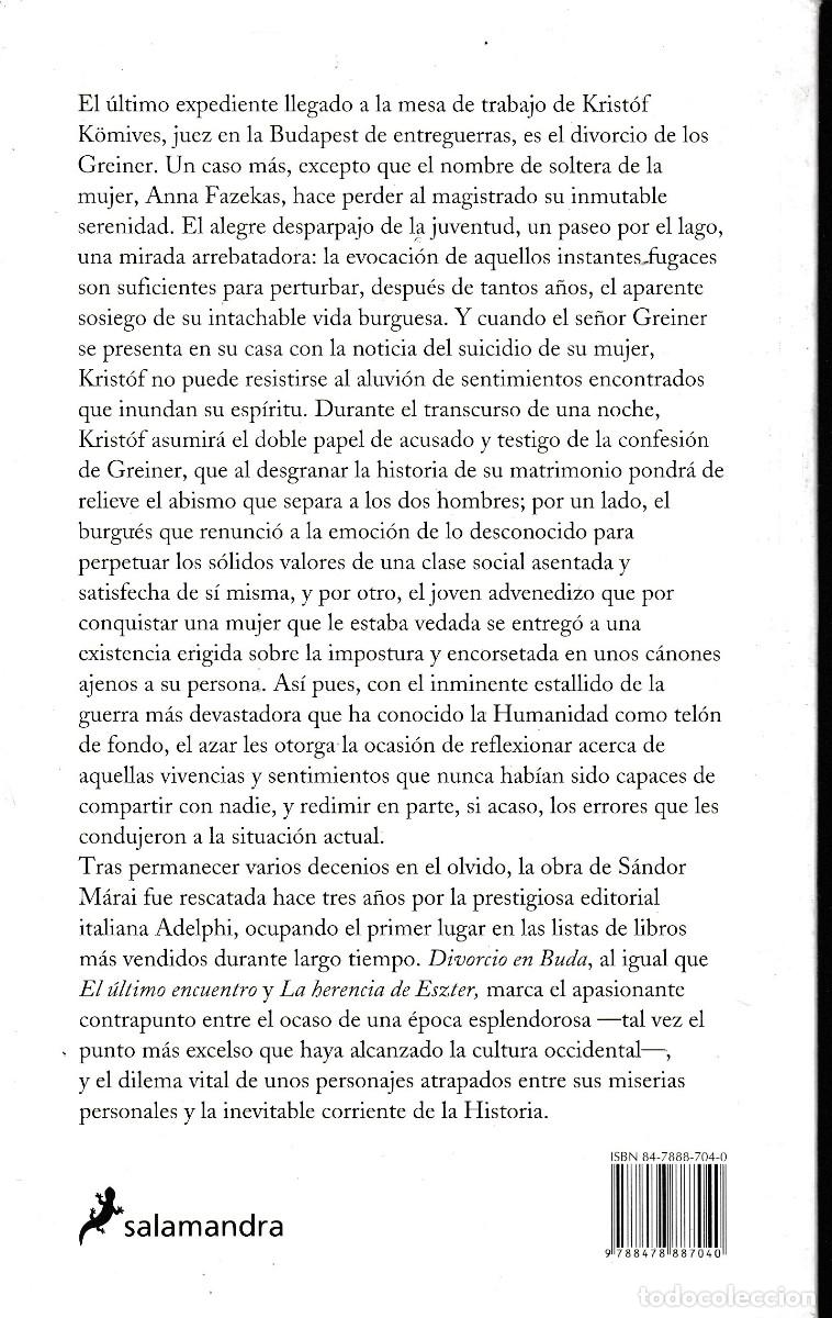 Libros de segunda mano: DIVORCIO EN BUDA. S&Aacute;NDOR M&Aacute;RAI. ED SALAMANDRA. 2002 - Foto 2