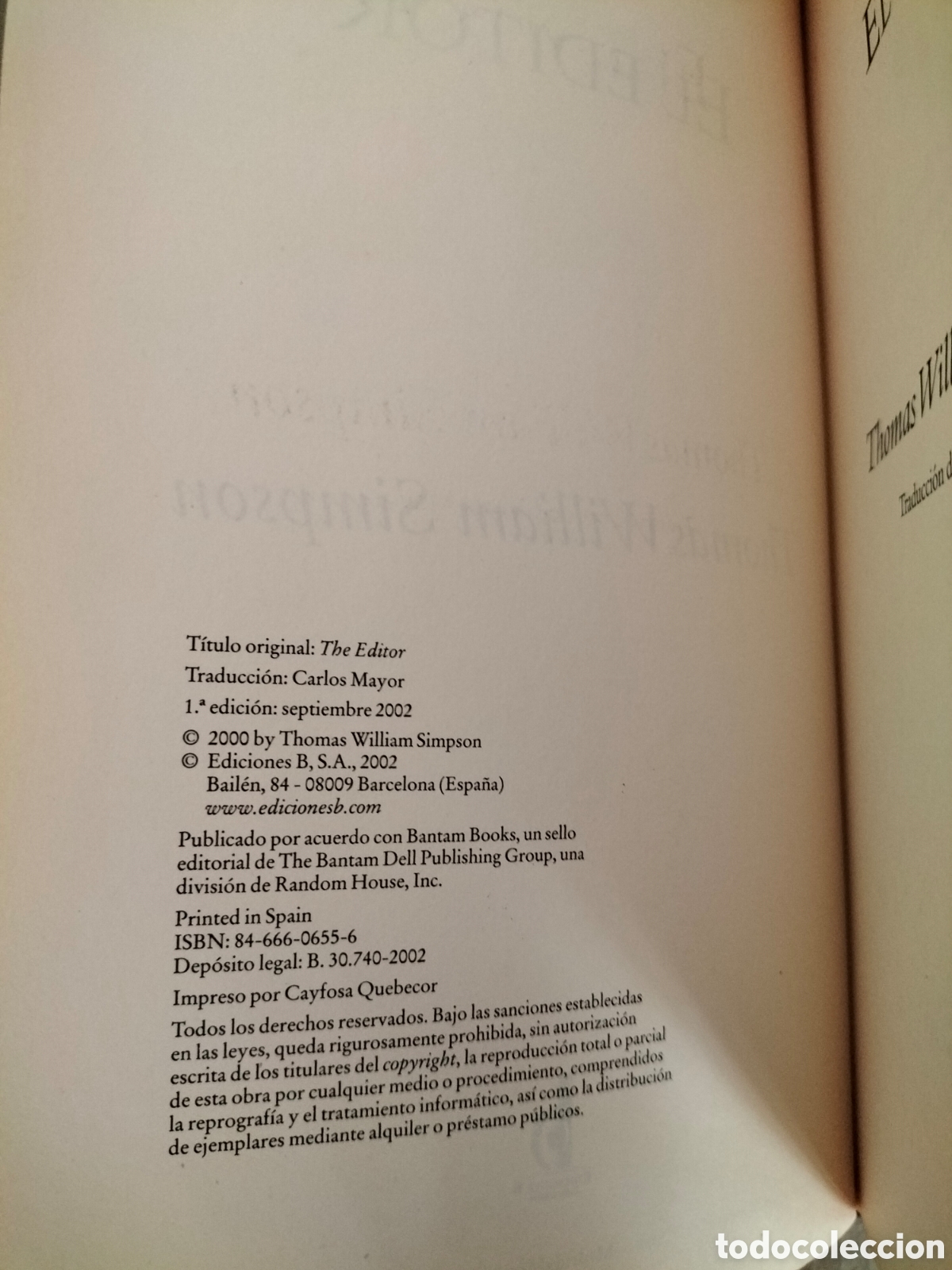 Libros de segunda mano: El editor. Thomas William Simpson. La trama. Ediciones B, 2002. Libro - Foto 4