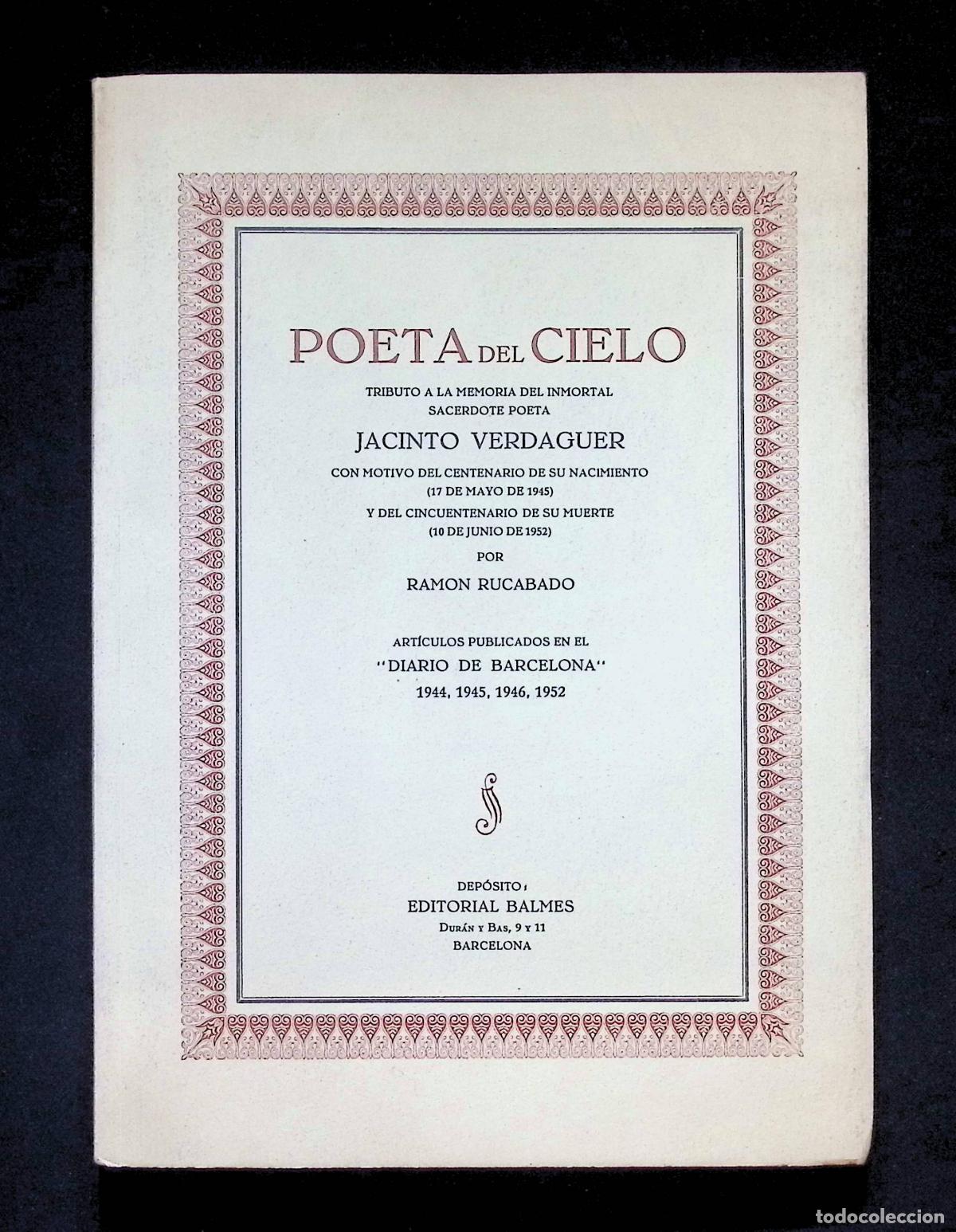 Libros de segunda mano: POETA DEL CIELO. Tributo a la memoria del immortal sacerdote poeta Jacinto Verdaguer... RUCABADO, R.