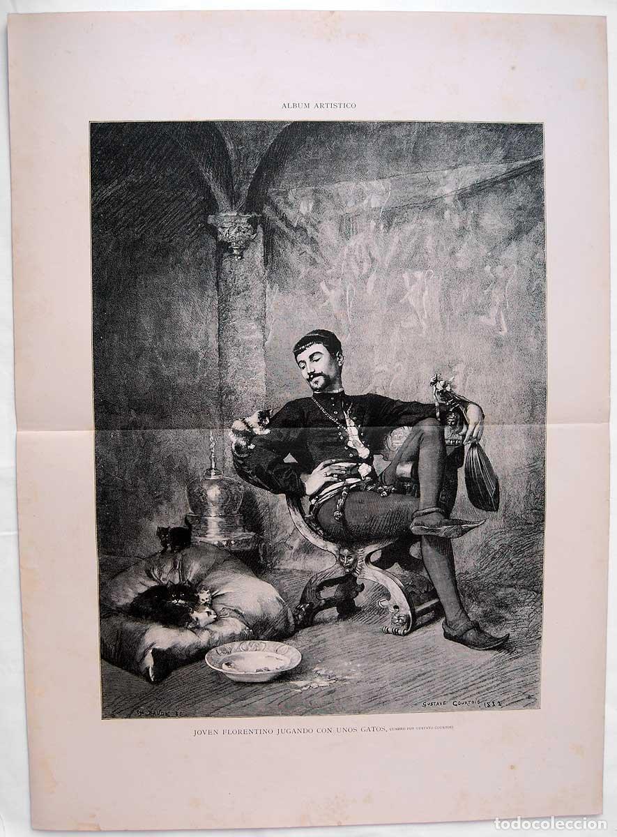 Livros em segunda m&atilde;o: Litograf&iacute;a de La Ilustraci&oacute;n Art&iacute;stica. Joven florentino jugando con unos gatos