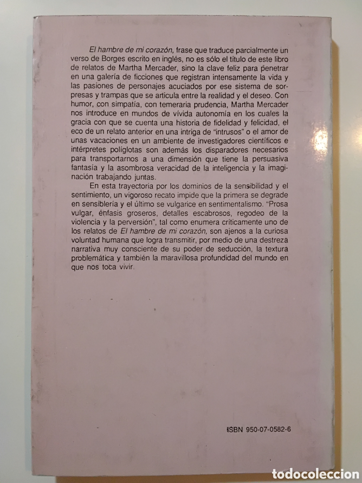 Libros de segunda mano: Martha Mercader &ndash; El hambre de mi coraz&oacute;n &ndash; Editorial Sudamericana &ndash; 1992