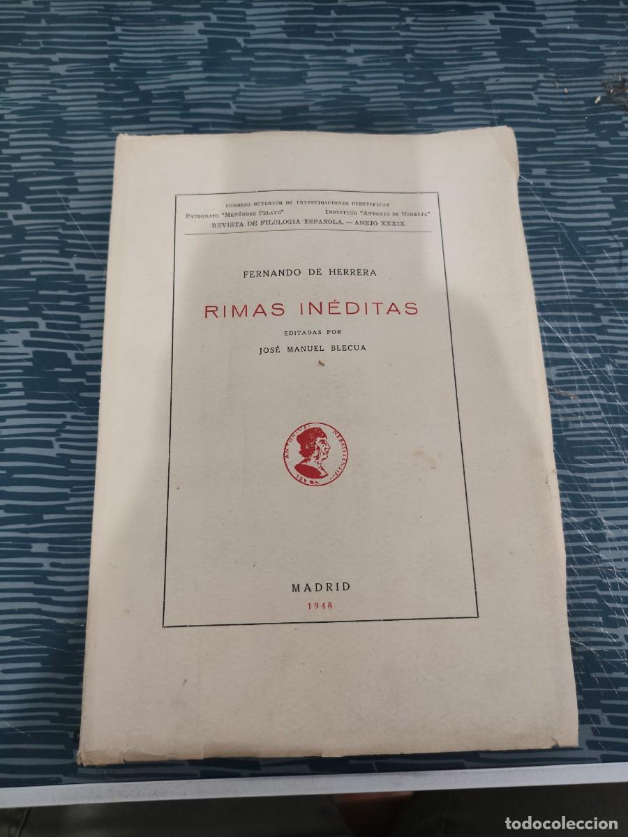 Libros de segunda mano: RIMAS INEDITAS, FERNANDO DE HERRERA, MADRID,1948, INTONSO.