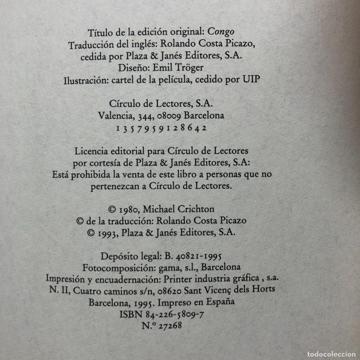 Libros de segunda mano: MICHAEL CRICHTON - CONGO - C&Iacute;RCULO DE LECTORES / 315 - Foto 4