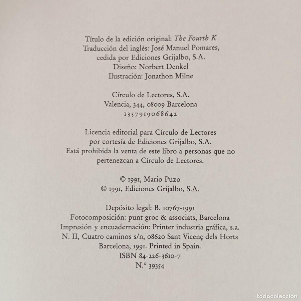 Libros de segunda mano: MARIO PUZO - LA CUARTA K - C&Iacute;RCULO DE LECTORES / 835 - Foto 4