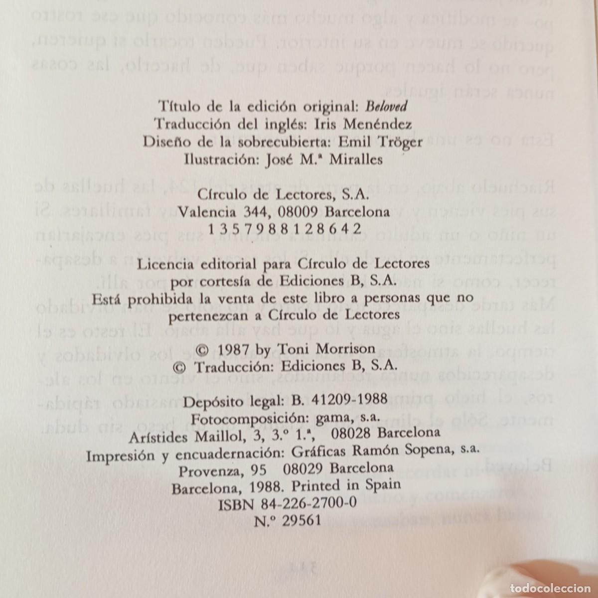 Libros de segunda mano: TONI MORRISON - BELOVED - C&Iacute;RCULO DE LECTORES / 954 - Foto 4