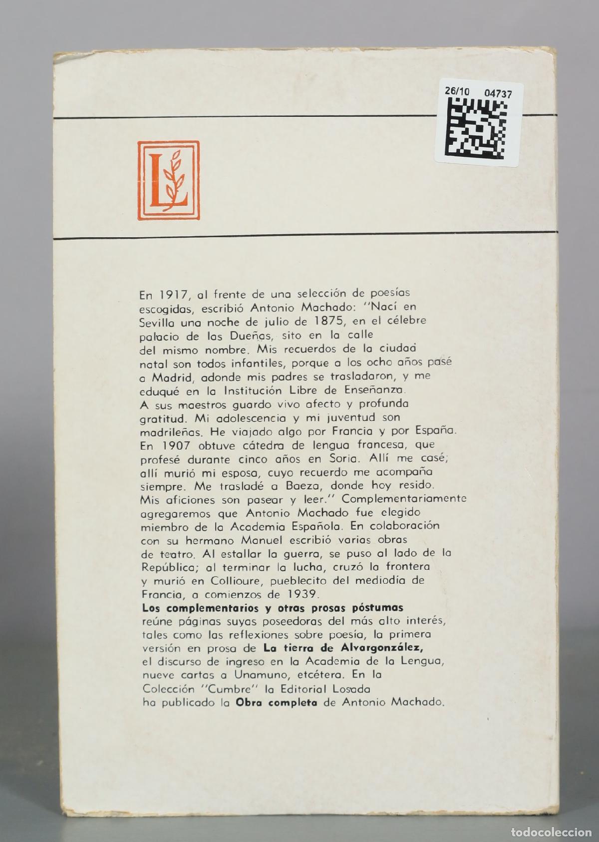 Libros de segunda mano: Los complementarios - Antonio Machado - Editorial Losada - Foto 2