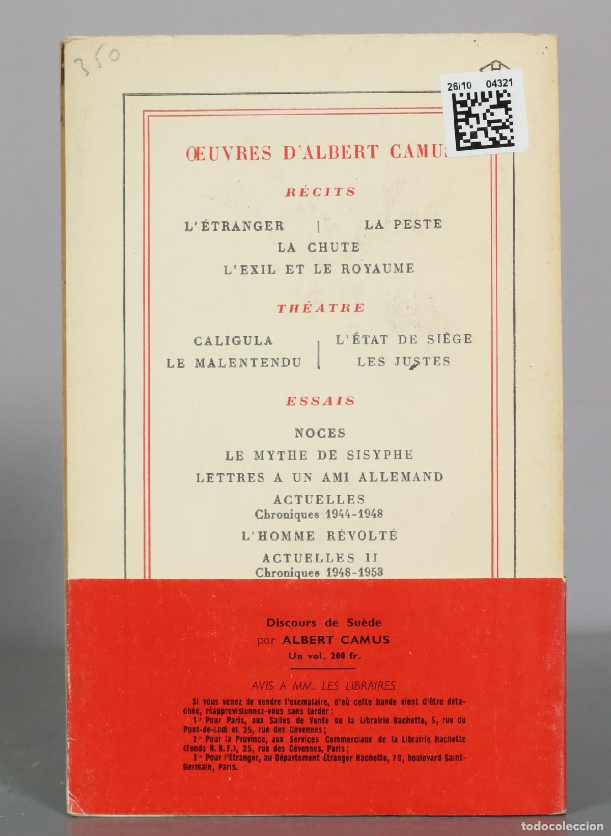 Libros de segunda mano: Discours de Su&egrave;de - Albert Camus - Gallimard - Foto 2
