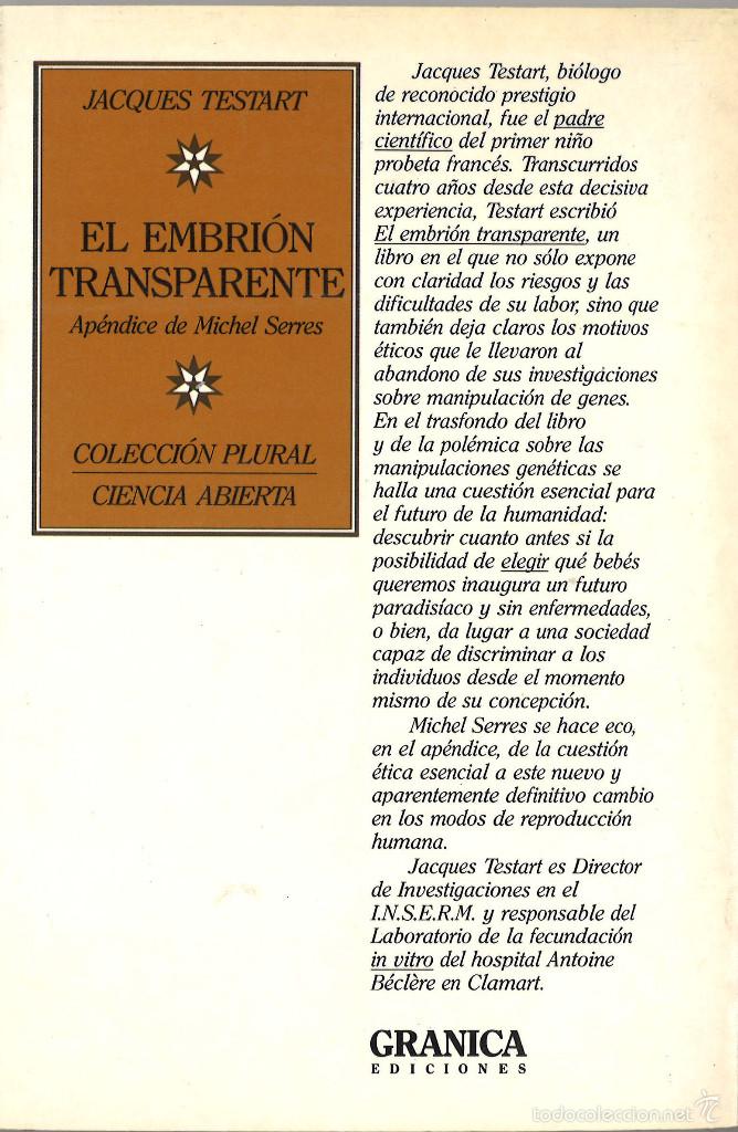 Libros de segunda mano: El embri&oacute;n transparente. Jacques Testart. 1988 - Foto 2