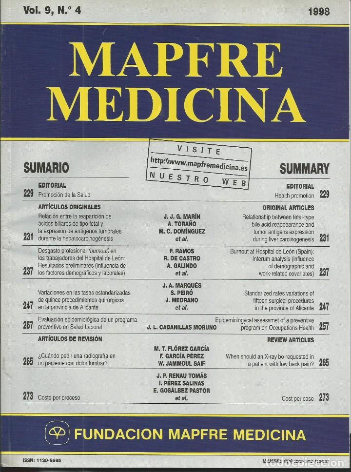 Livres d'occasion: REVISTA MAPFRE MEDICINA. VOL 9 N&ordm; 4 1998 INVESTIGACION CIENTIFICO-MEDICA ESPA&Ntilde;OL INGLES. 1996-2004