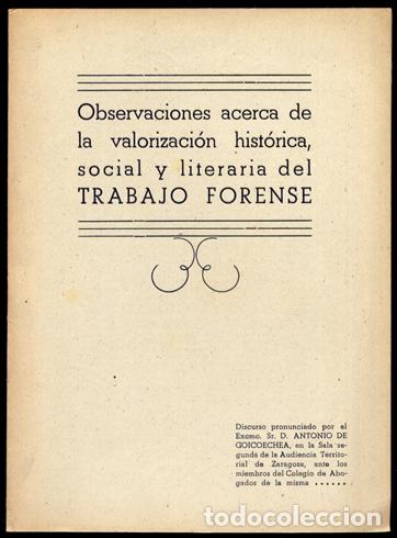 Livres d'occasion: GOICOECHEA, Antonio de.  Observaciones acerca de la valoraci&oacute;n hist&oacute;rica, social...  1942.