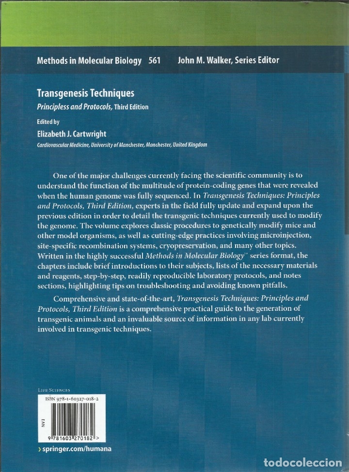 Libros de segunda mano: T&eacute;cnicas de transg&eacute;nesis. Principios y protocolos. Elizabeth J. Cartwright. - Foto 2