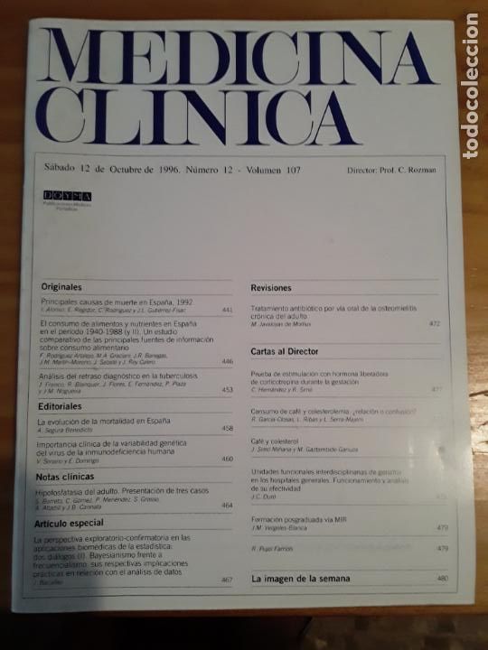 Second hand books: REVISTA DE MEDICINA, MEDICINA CLINICA, VOL 107, N- 12, 12 DE OCTUBRE 1996.VER INDICE.