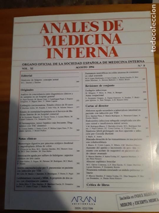Libri di seconda mano: ANALES DE MEDICINA INTERNA, VOL-XI, N-8, AGOSTO 1994..VER INDICE.