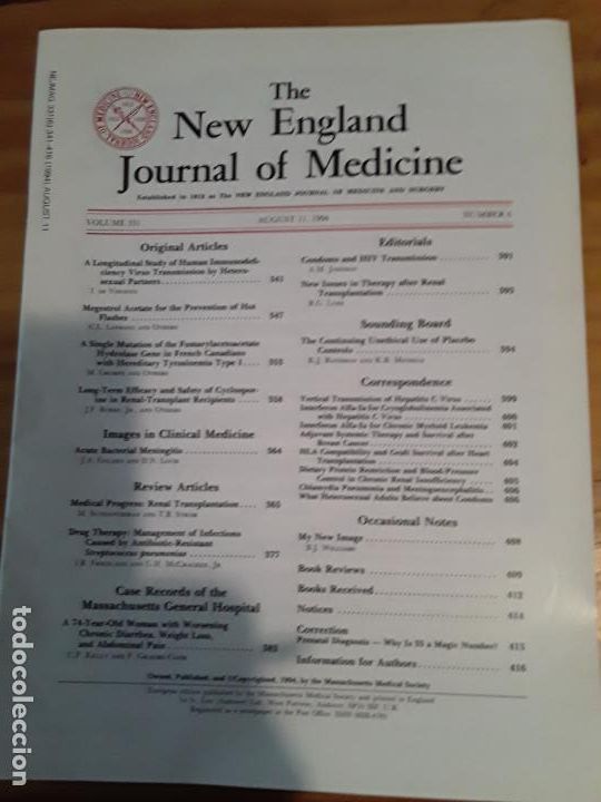 Second hand books: THE NEW ENGLAND JOURNAL MEDICINE, VOL.331, N.6, AUGUST 11, 1994.VER INDICE.
