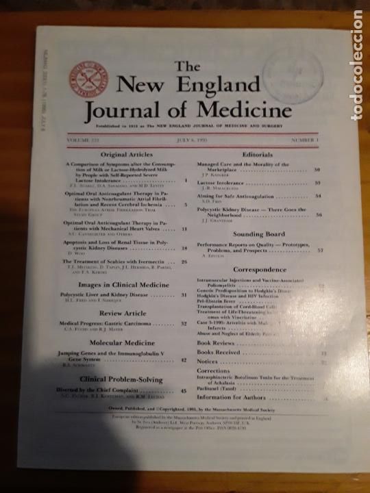 Second hand books: THE NEW ENGLAND JOURNAL MEDICINE, VOL.333, N.1, JULIO 6, 1995. VER INDICE.