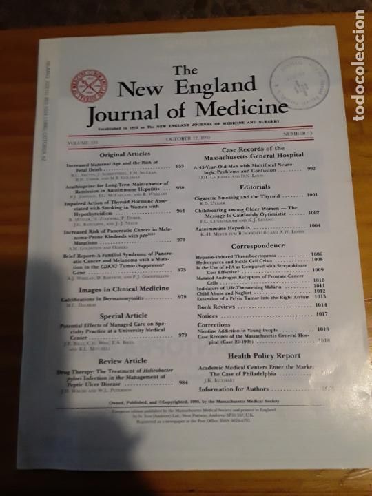 Second hand books: THE NEW ENGLAND JOURNAL MEDICINE, VOL.333, N.15, OCTOBER 12, 1995.VER INDICE.