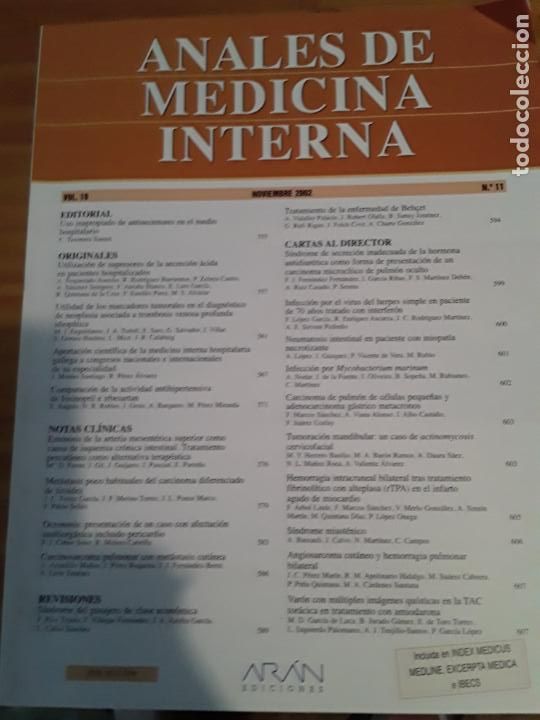 Second hand books: ANALES DE MEDICINA INTERNA, VOL-19, N-11,NOVIEMBRE 2002..VER INDICE.