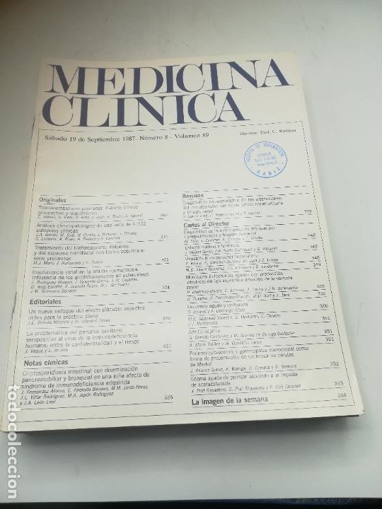 Libri di seconda mano: REVISTA. MEDICINA CL&Iacute;NICA. 19 SEPTIEMBRE 1987. N&ordm; 8. VOLUMEN 89. VER SUMARIO
