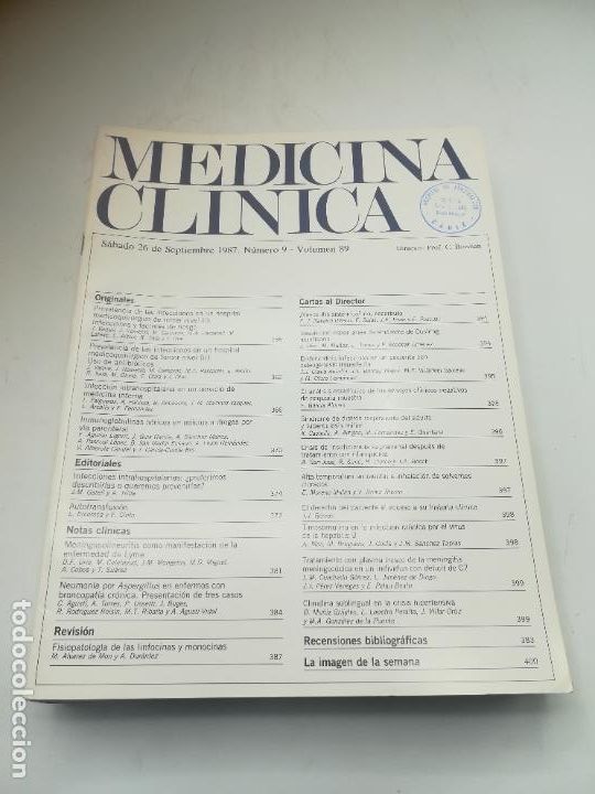 Libri di seconda mano: REVISTA. MEDICINA CL&Iacute;NICA. 26 SEPTIEMBRE 1987. N&ordm; 9. VOLUMEN 89. VER SUMARIO