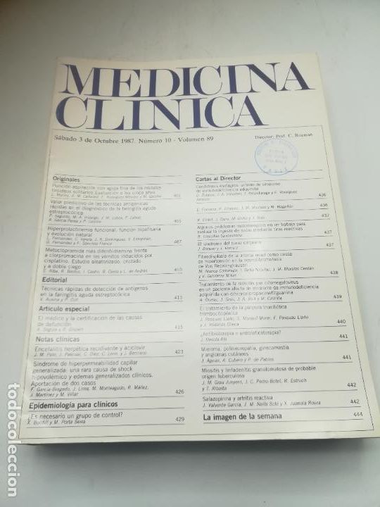 Libri di seconda mano: REVISTA. MEDICINA CL&Iacute;NICA. 3 OCTUBRE 1987. N&ordm; 10. VOLUMEN 89. VER SUMARIO