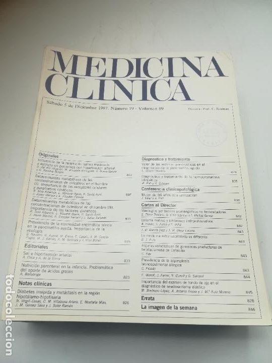 Libri di seconda mano: REVISTA. MEDICINA CL&Iacute;NICA. 5 DICIEMBRE 1987. N&ordm; 19. VOLUMEN 89. VER SUMARIO