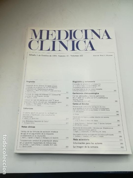 Second hand books: REVISTA. MEDICINA CL&Iacute;NICA. 1 OCTUBRE 1994. N&ordm; 10. VOLUMEN 103. VER SUMARIO