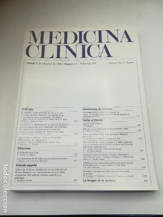 Second hand books: REVISTA. MEDICINA CL&Iacute;NICA. 8 OCTUBRE 1994. N&ordm; 11. VOLUMEN 103. VER SUMARIO