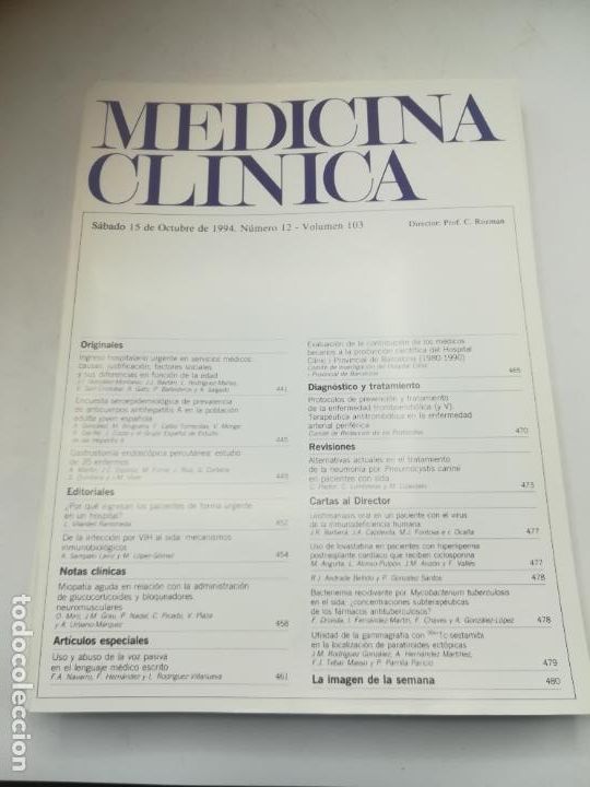 Second hand books: REVISTA. MEDICINA CL&Iacute;NICA. 15 OCTUBRE 1994. N&ordm; 12. VOLUMEN 103. VER SUMARIO