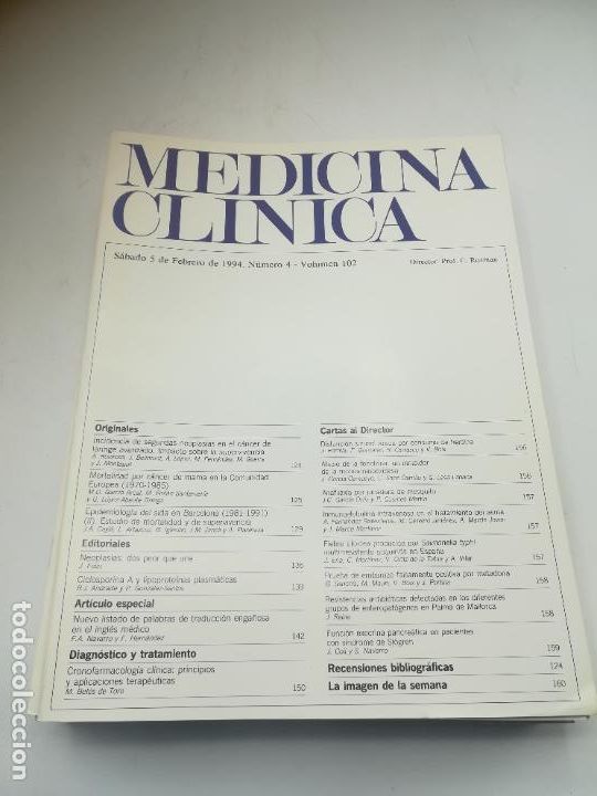 Second hand books: REVISTA. MEDICINA CL&Iacute;NICA. 5 FEBRERO 1994. N&ordm; 4. VOLUMEN 102. VER SUMARIO