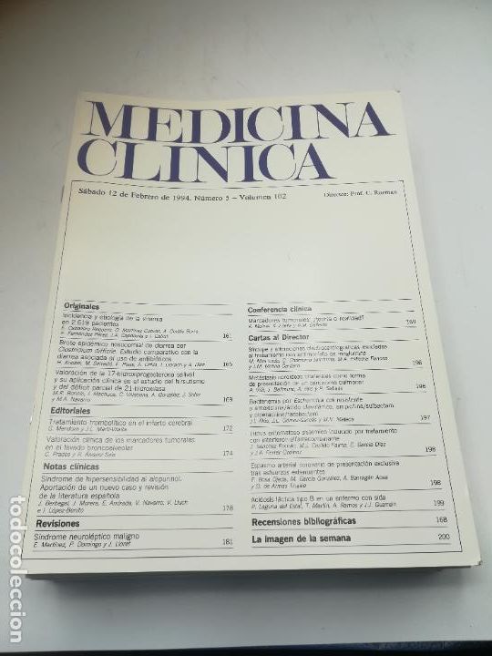 Second hand books: REVISTA. MEDICINA CL&Iacute;NICA. 12 FEBRERO 1994. N&ordm; 5. VOLUMEN 102. VER SUMARIO