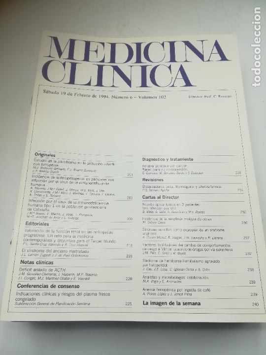 Second hand books: REVISTA. MEDICINA CL&Iacute;NICA. 19 FEBRERO 1994. N&ordm; 6. VOLUMEN 102. VER SUMARIO