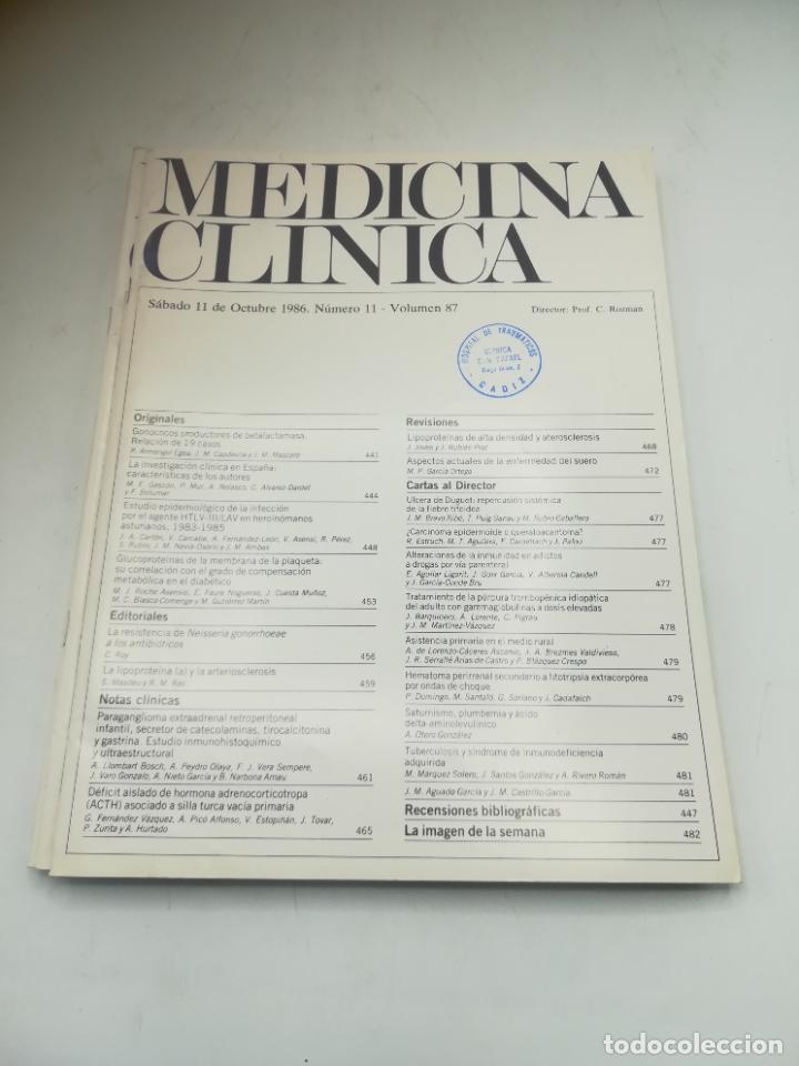 Second hand books: REVISTA. MEDICINA CL&Iacute;NICA. 11 OCTUBRE 1986. N&ordm; 11. VOLUMEN 87. VER SUMARIO