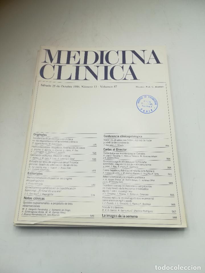 Second hand books: REVISTA. MEDICINA CL&Iacute;NICA. 25 OCTUBRE 1986. N&ordm; 13. VOLUMEN 87. VER SUMARIO