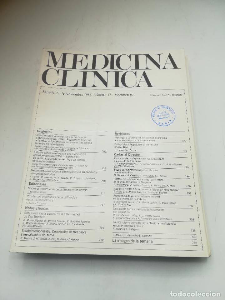 Second hand books: REVISTA. MEDICINA CL&Iacute;NICA. 22 NOVIEMBRE 1986. N&ordm; 17. VOLUMEN 87. VER SUMARIO