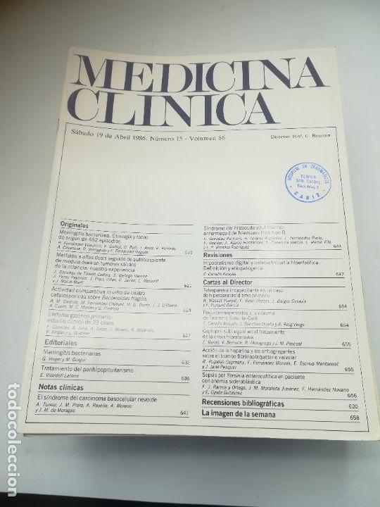 Second hand books: REVISTA. MEDICINA CL&Iacute;NICA. 19 ABRIL 1986. N&ordm; 15. VOLUMEN 86. VER SUMARIO