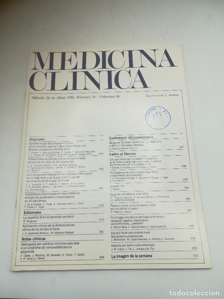 Second hand books: REVISTA. MEDICINA CL&Iacute;NICA. 26 ABRIL 1986. N&ordm; 16. VOLUMEN 86. VER SUMARIO