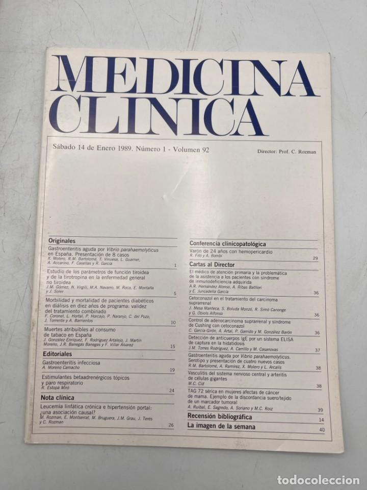Libri di seconda mano: REVISTA. MEDICINA CL&Iacute;NICA. 14 DE ENERO 1989. N&ordm; 1. VOLUMEN 92. VER SUMARIO