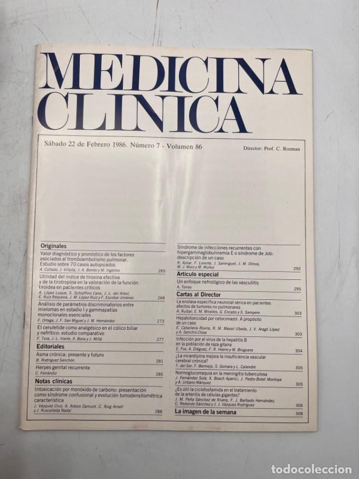Libri di seconda mano: REVISTA. MEDICINA CL&Iacute;NICA. 22 DE FEBRERO 1986. N&ordm; 7. VOLUMEN 86. VER SUMARIO