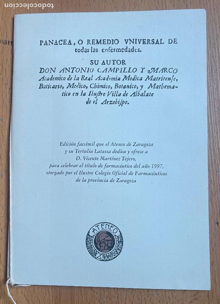 Libros de segunda mano: PANACEA O REMEDIO UNIVERSAL DE TODAS LAS ENFERMEDADES Antonio Campillo Marco FACSIMIL