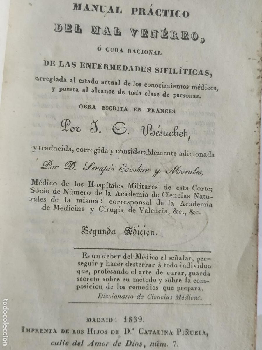 Libros de segunda mano: S Escobar Morales Manual Pr&aacute;ctico del mal ven&eacute;rea ( S&iacute;filis) Madrid 1839