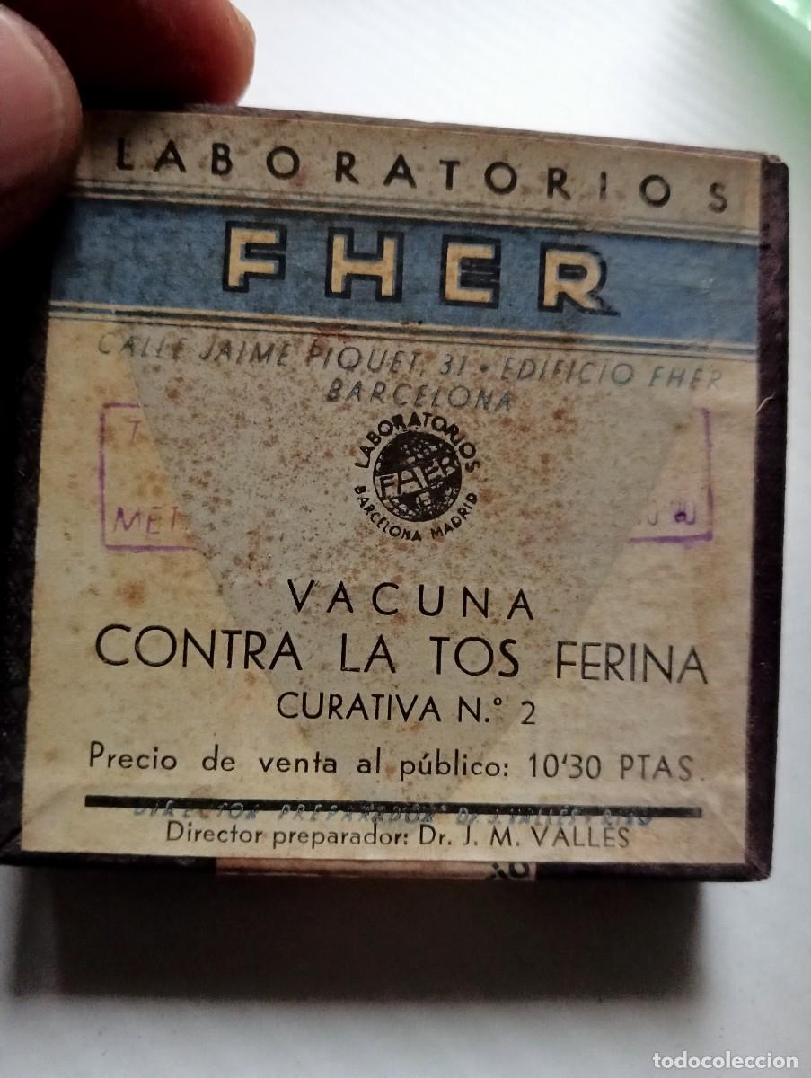 Libros de segunda mano: MEDICAMENTO ANTIGUO 1942 VACUNA CONTRA LA TOS FERINA SIN ABRIR FARMACEUTICA FHER MEDICINA, BOTICA,