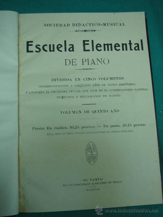Libros de segunda mano: Libro de musica antiguo.Escuela elemental de piano