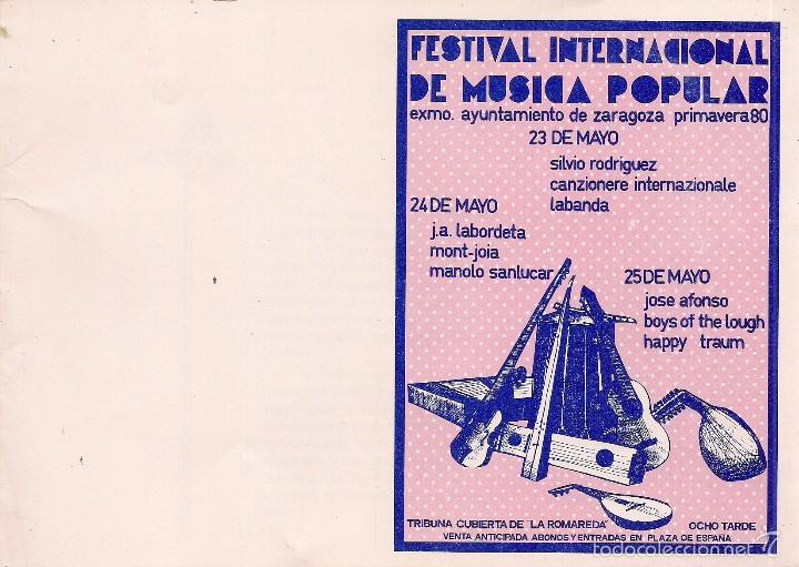 Libros de segunda mano: PROGRAMA FESTIVAL INTERNACIONAL DE M&Uacute;SICA POPULAR. Excmo Ayuntamiento de Zaragoza, 1980