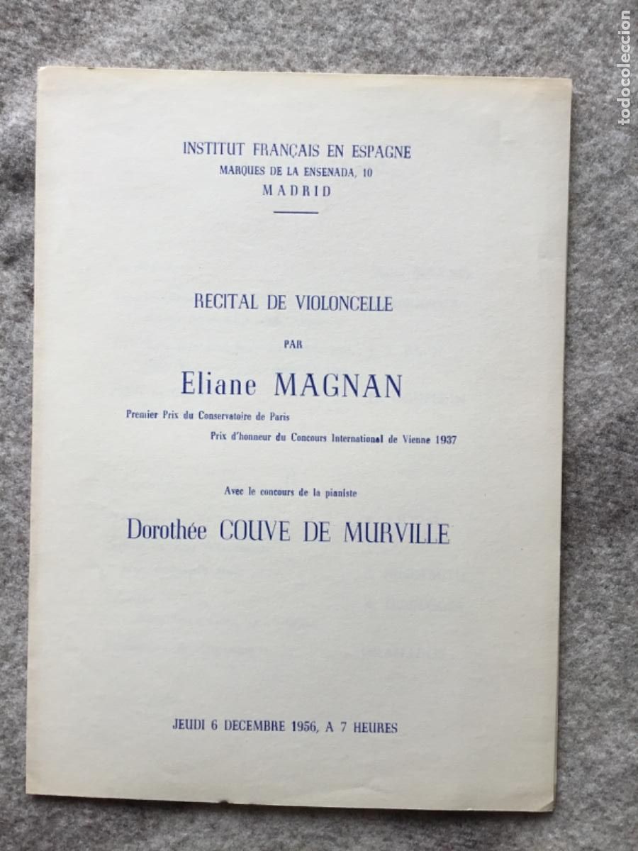 Livros em segunda m&atilde;o: ELIANE MAGNAN // RECITAL DE VIOLONCELLE // INSTITUT FRANCAIS EN ESPAGNE // 1956