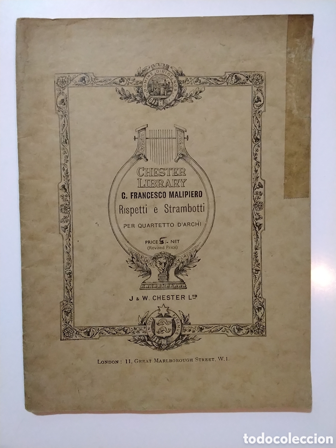 Libros de segunda mano: Gian Francesco Malipiero &ndash; Rispetti e Strambotti per quartetto d&rsquo;archi &ndash; J. & W. Chester Ltd. &ndash; 1921
