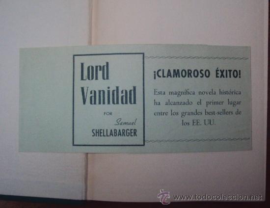 Libros de segunda mano: SHELLABARGER, SAMUEL: LORD VANIDAD, EDICIONES EXITO 1955 1&ordf; ED - Foto 2