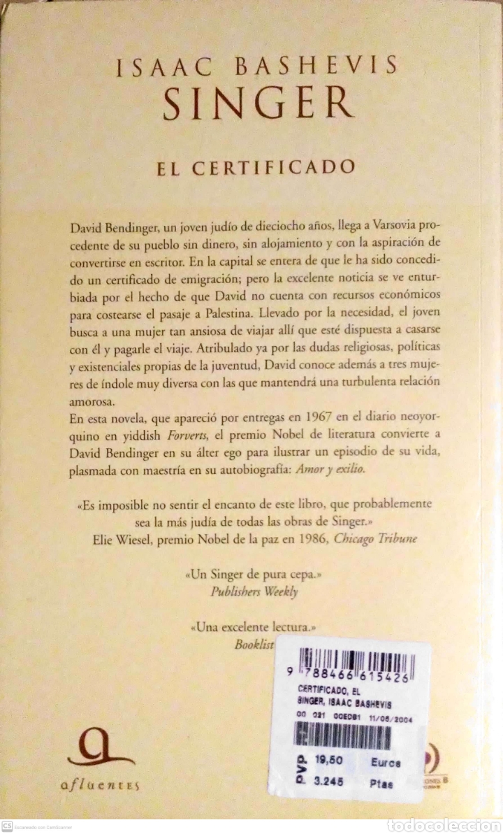 Libros de segunda mano: Singer.El certificado. Isaac Bashevis. Ediciones B. 2004.1&ordm;Edici&oacute;n. - Foto 2