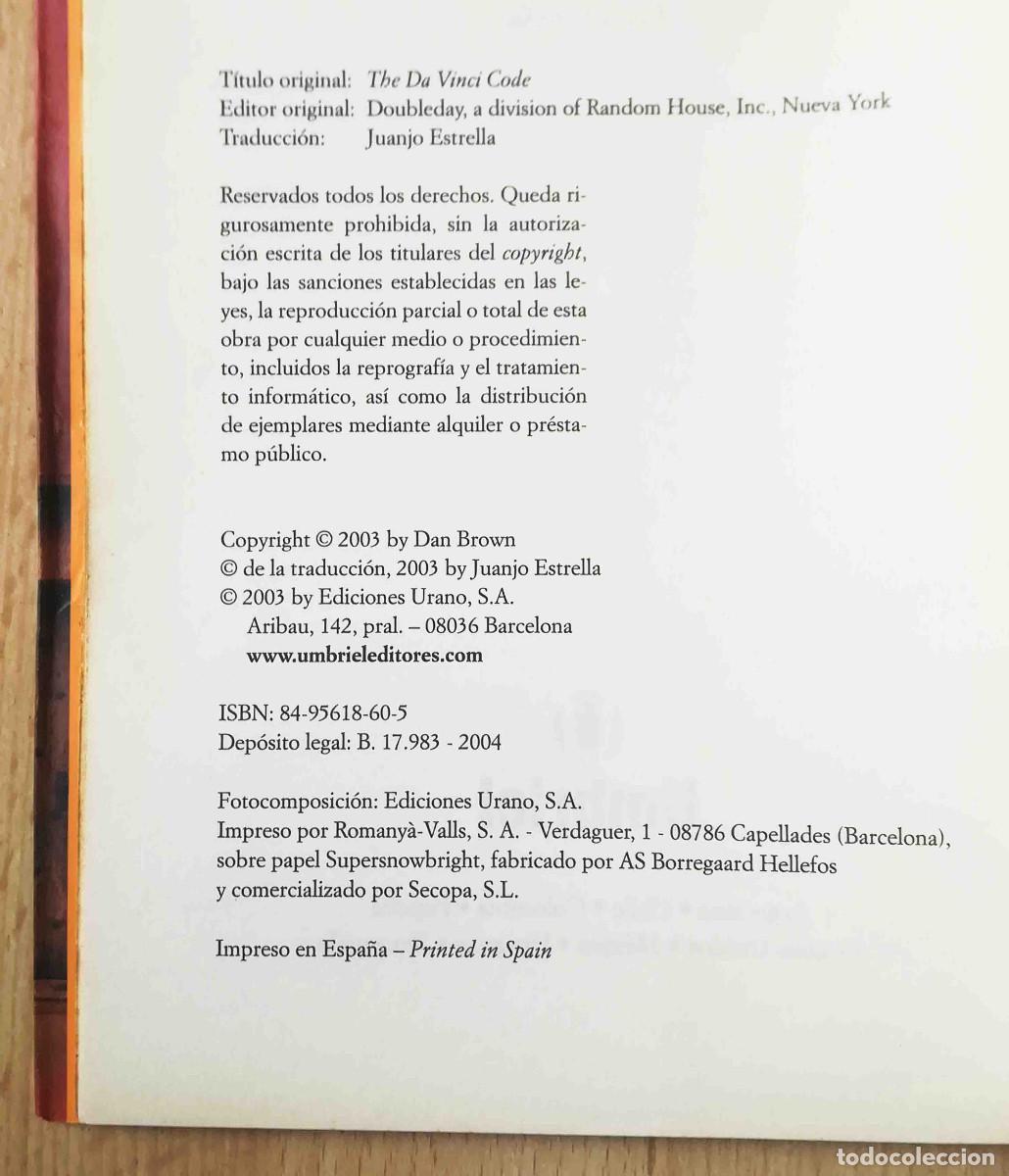 Libros de segunda mano: El c&oacute;digo Da Vinci (Dan Brown) Umbriel. Ediciones Urano 2004. - Foto 2