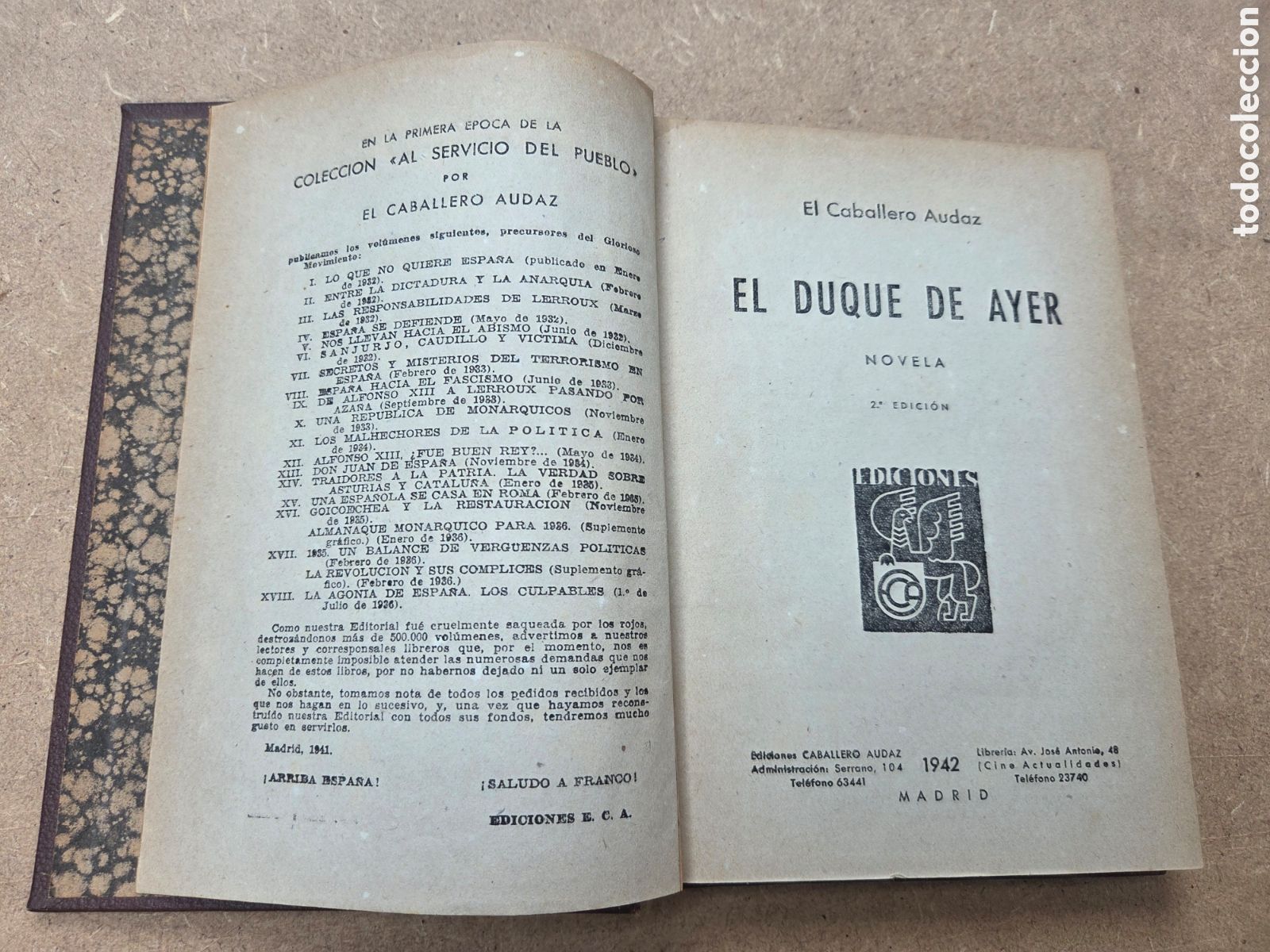 Second hand books: EL DUQUE DE AYER 1942. El Caballero Audaz